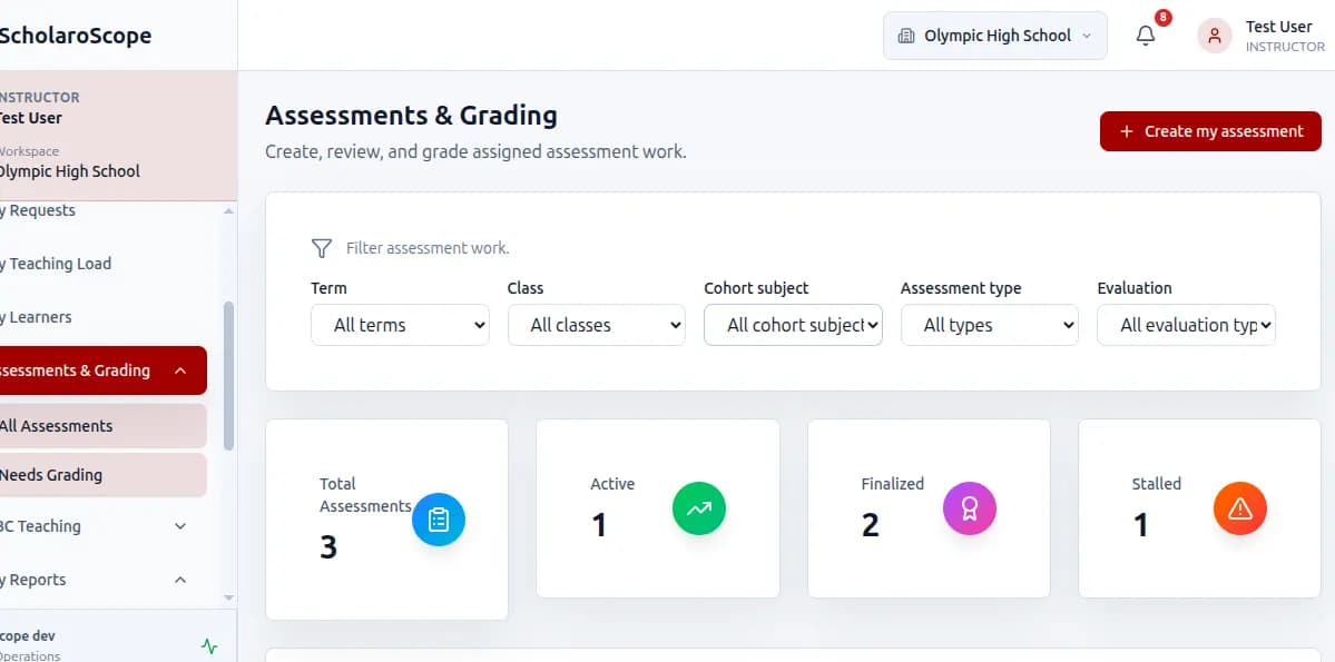 Scholaroscope assessments and grading page showing assessment filters and aggregate status cards.