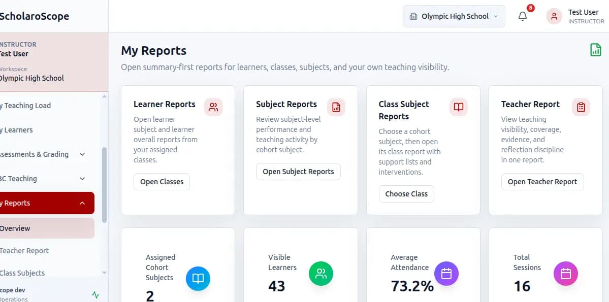 Scholaroscope instructor reports overview showing learner, subject, class subject, and teacher report options.