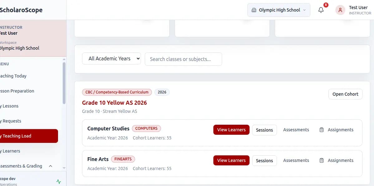 Scholaroscope teaching load page showing assigned classes and subjects.